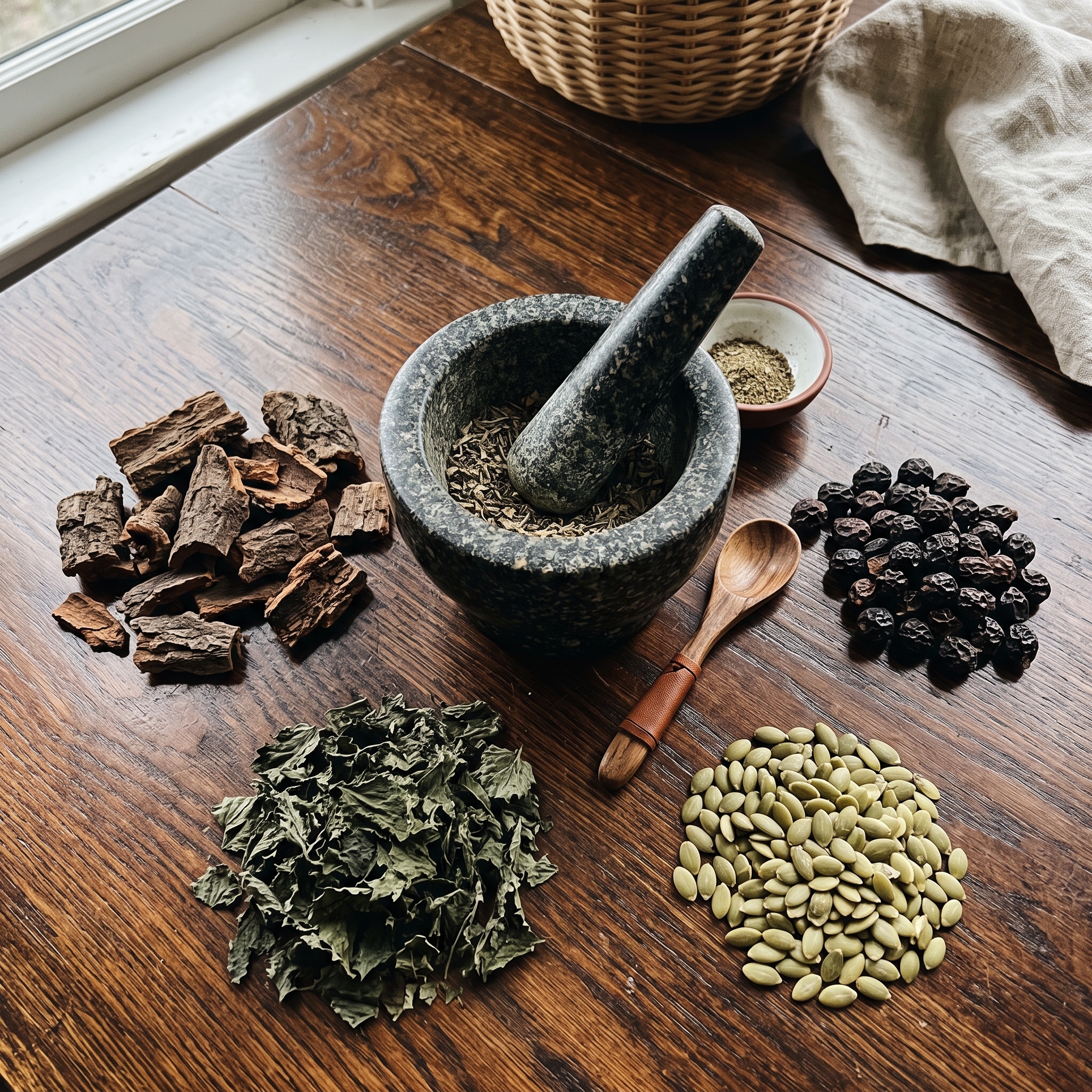 Plantes africaines pour la prostate : écorce de prunier d'Afrique, palmier nain, ortie et graines de courge